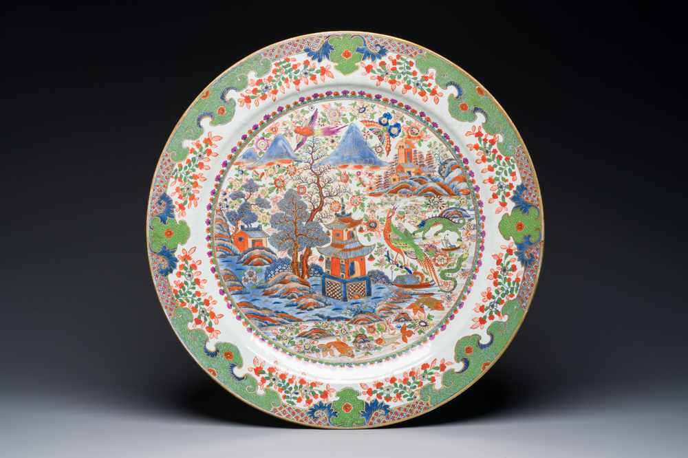 An exceptionally large Chinese English-decorated blue and white dish with 'mythical animals', Qianlong
