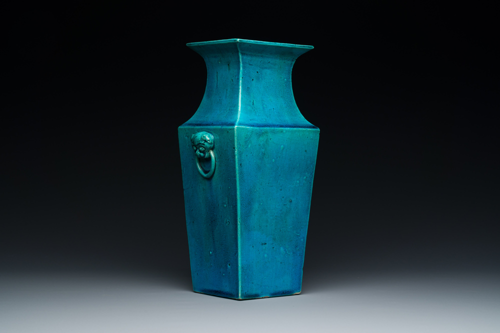 A Chinese monochrome turquoise-glazed square vase, Kangxi