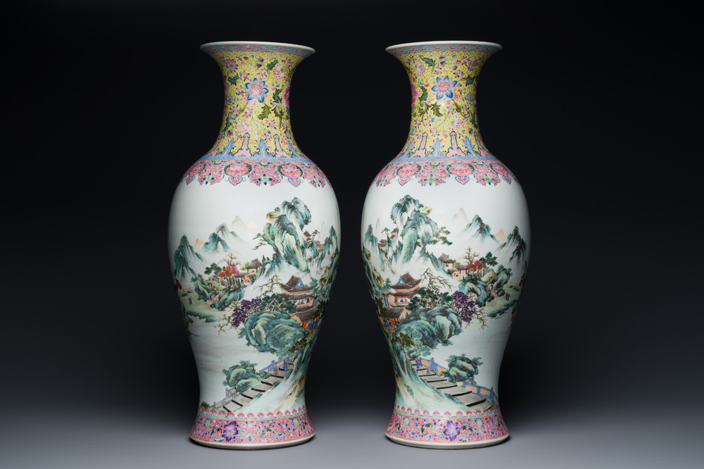 A pair of fine Chinese famille rose 'landscape' vases, Qianlong mark, 20th C.