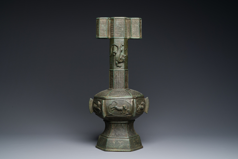 A large Chinese bronze 'touhu' or arrow vase, Yuan