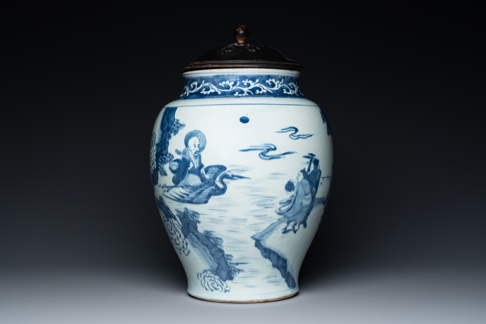 A large Chinese blue and white 'Immortals' vase, Transitional period