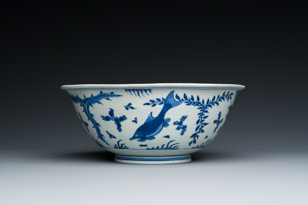A Chinese blue and white 'carps' bowl, Chenghua mark, Kangxi