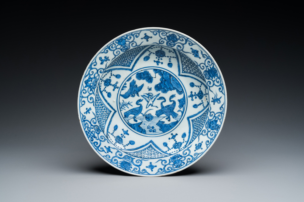 A Chinese blue and white 'cranes' dish, Fu Gui Jia Qi 富貴佳器 mark, Jiajing/Wanli
