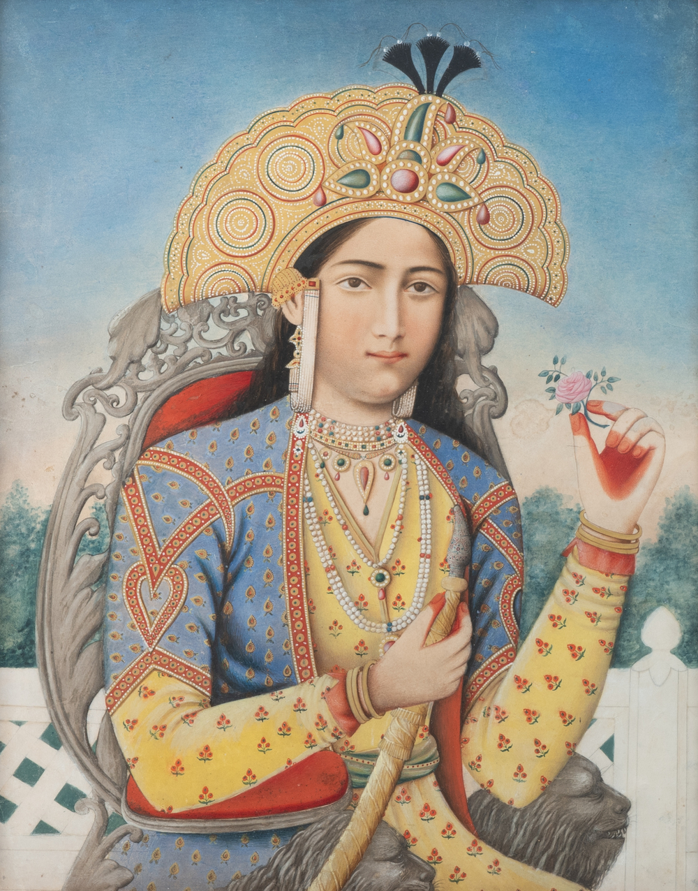 Ecole indienne: 'Portrait de la princesse Mumtaz Mahal au narguil&eacute;', gouache sur papier, 19&egrave;me