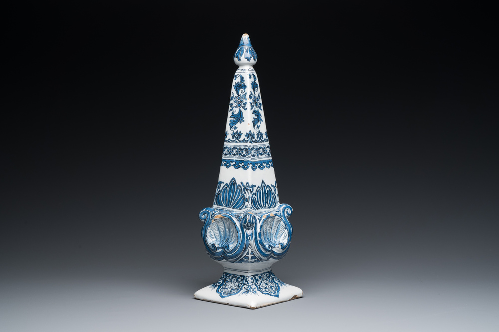 A fine Dutch Delft blue and white obelisk, late 17th C.