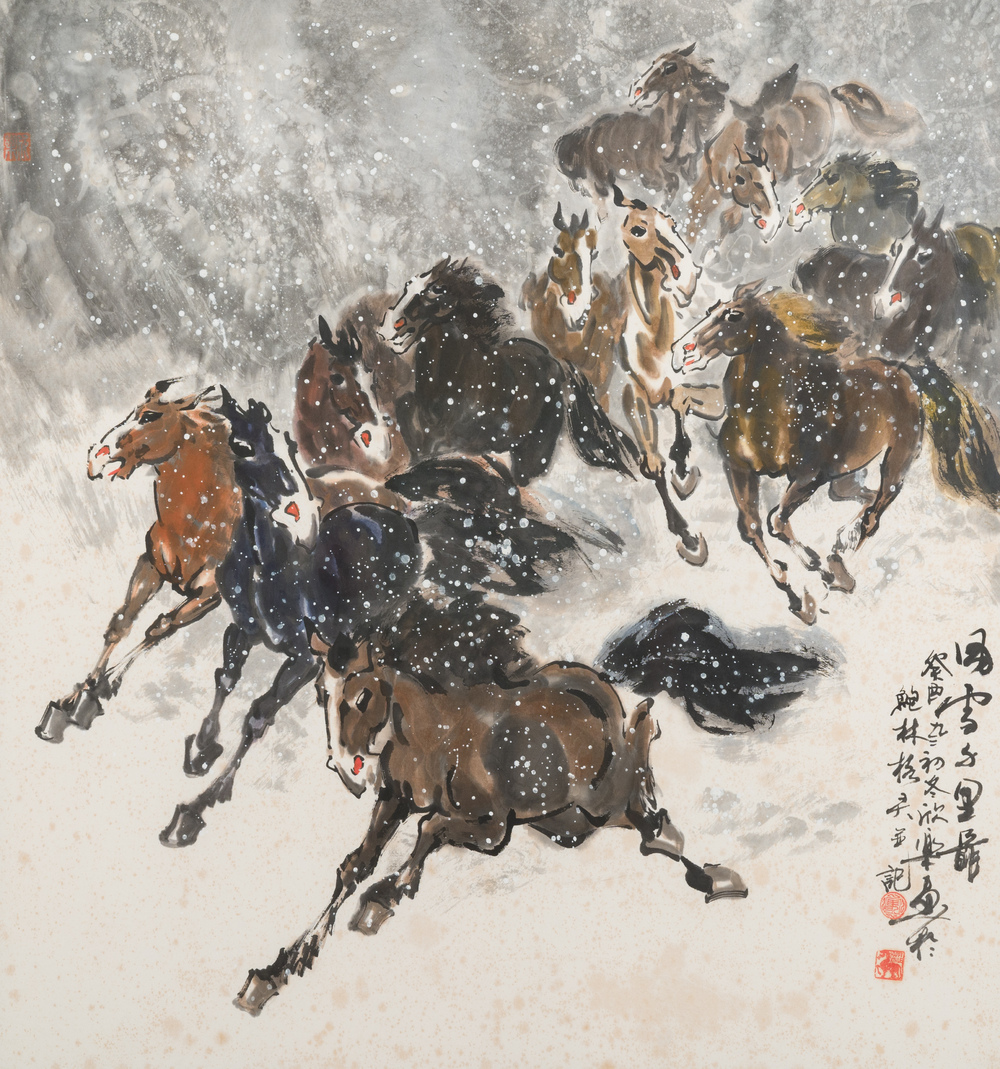 Ma Xinle 馬欣樂 (1963-): 'Douze chevaux dans la neige', encre et couleurs sur papier, dat&eacute; 1993