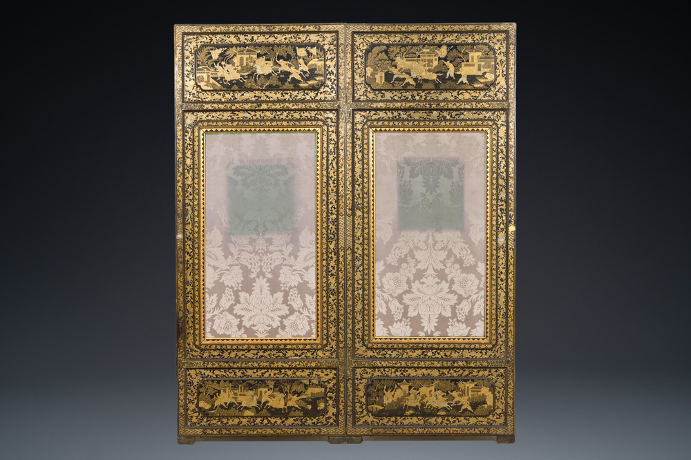 Two large Chinese Canton black and gilt-lacquered panels, 19th C.