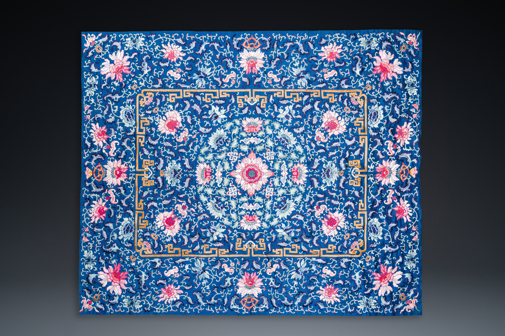 A Chinese blue-ground embroidered silk throne cushion cover, 18/19th C.