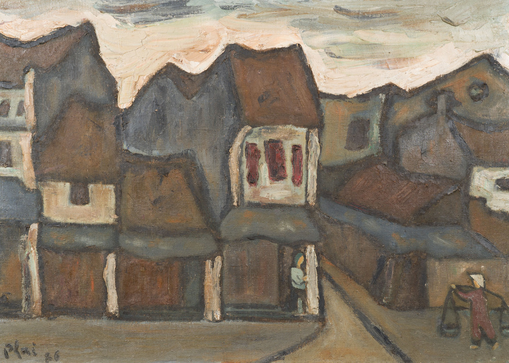 Bui Xuan Phai (Vietnam, 1920-1988): 'Vue d'une rue &agrave; Hanoi', huile sur toile, dat&eacute; 1986