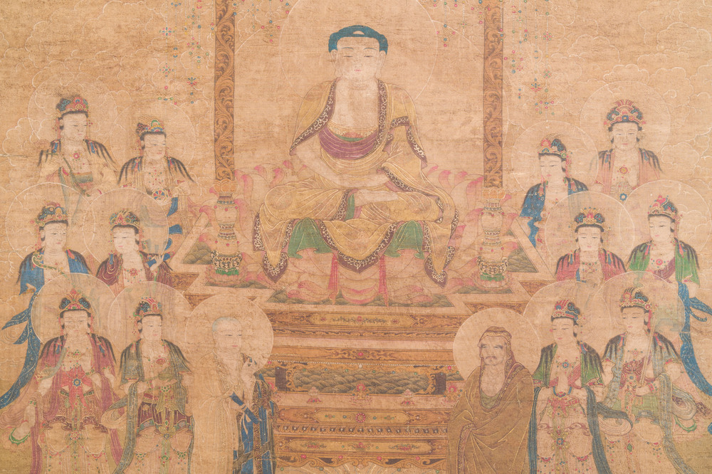 Chinese school: 'Buddha seated on a lotus throne', ink and colour on silk, 18/19th C.