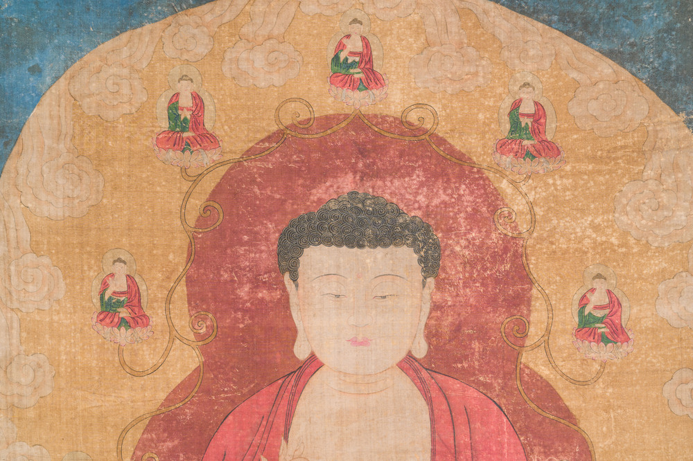 Chinese school: 'Buddha standing on two lotus flowers', ink and colour on silk, 18/19th C.