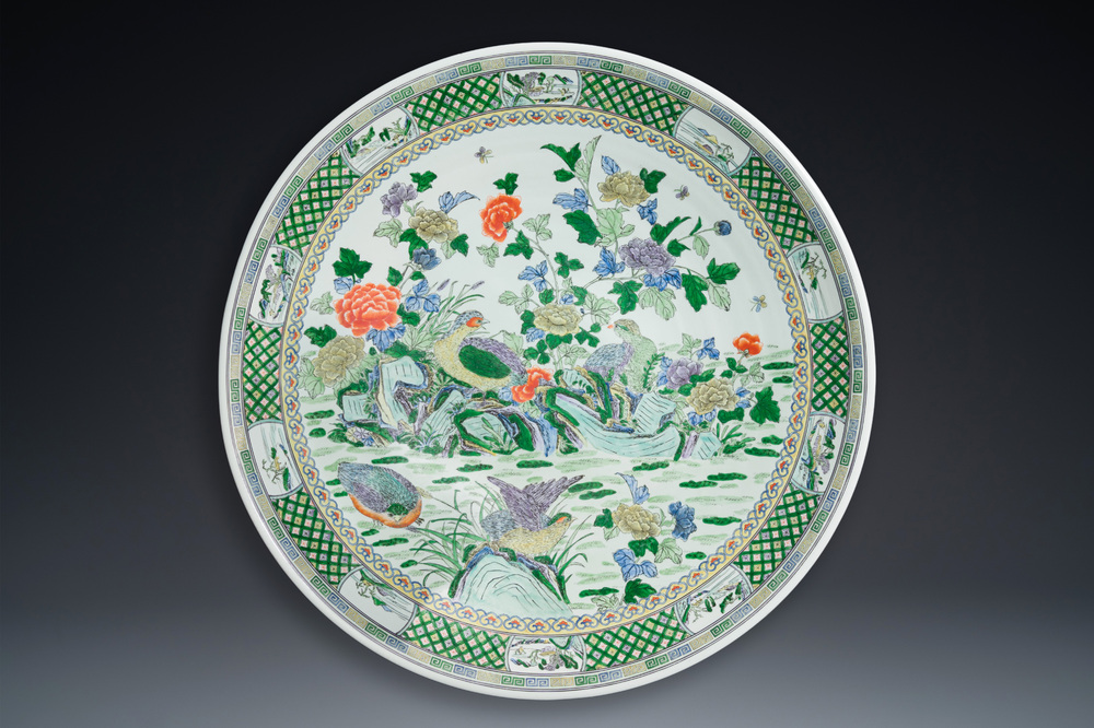 An extremely large Chinese famille verte 'quail and peony' dish, Kangxi mark, 20th C.