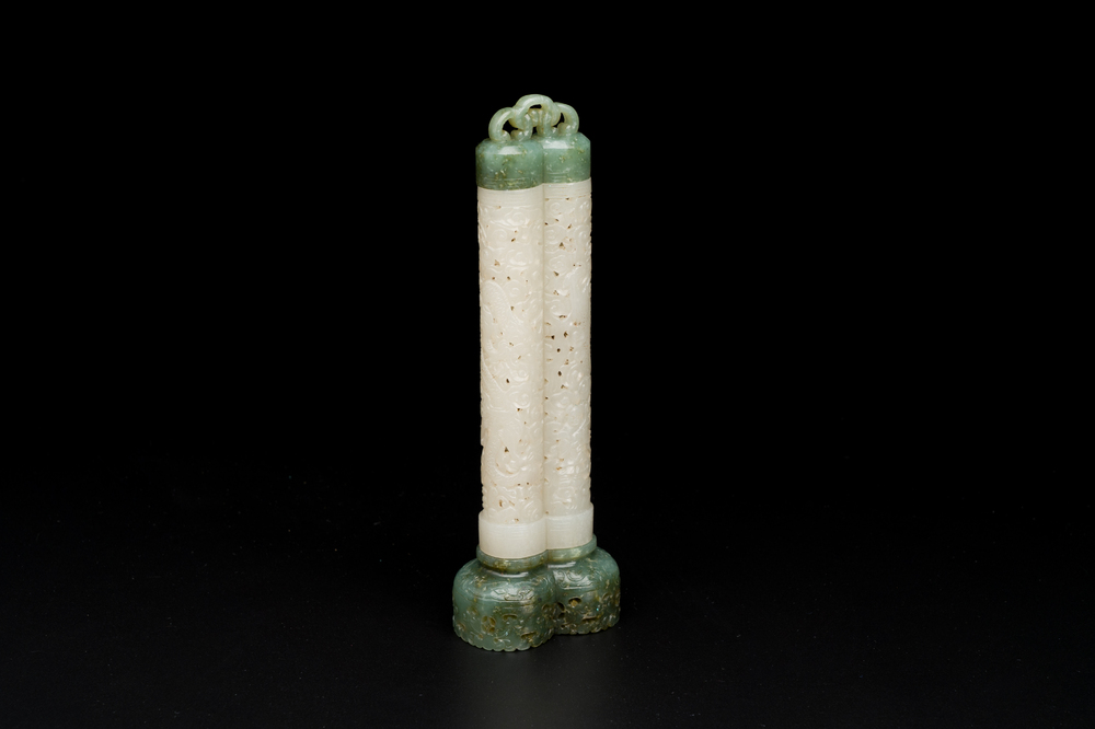 A Chinese reticulated white jade parfumier with spinach-green jade cover and base, Qing