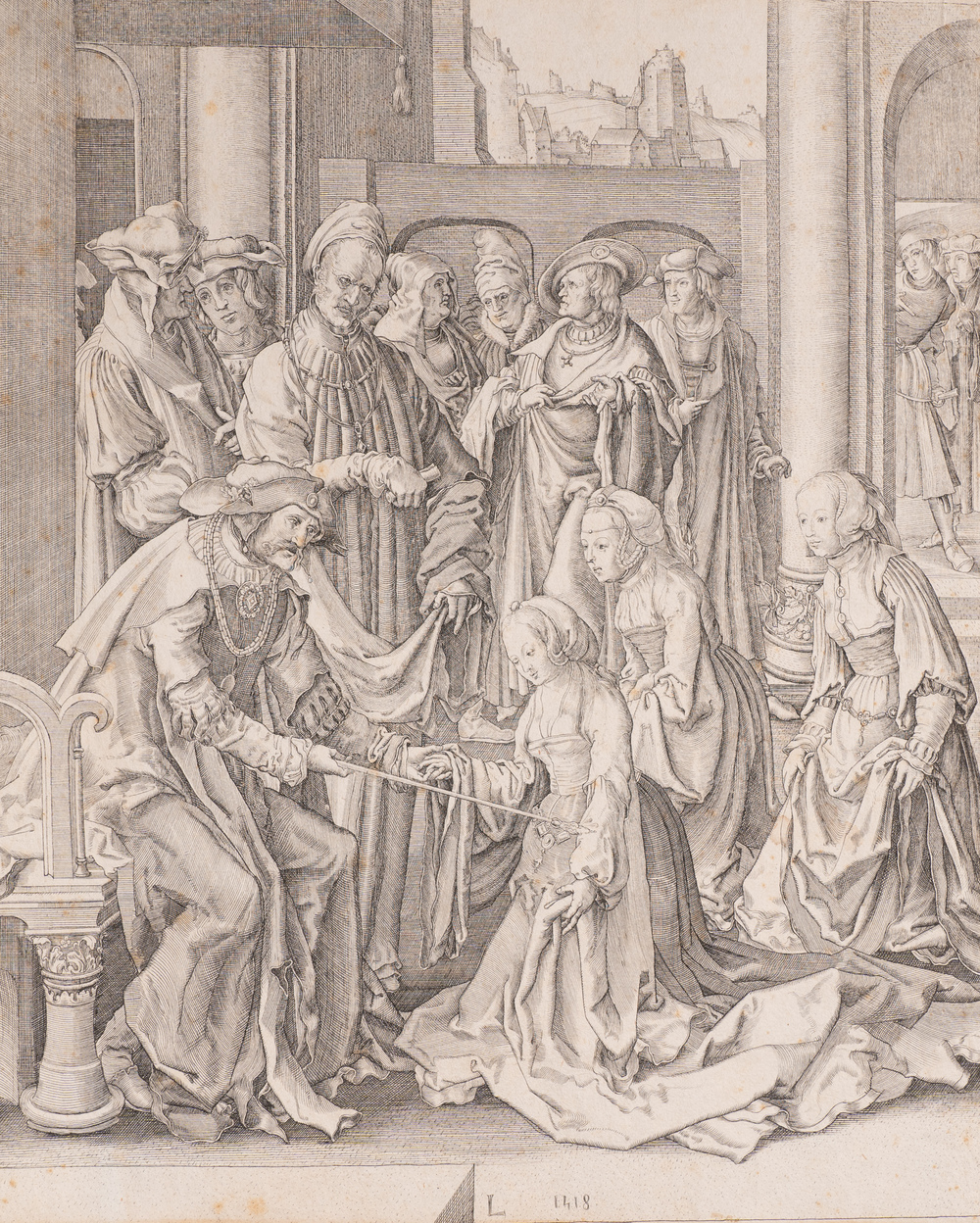 Lucas van Leyden (1494-1533): Esther knielt voor Ahasverus, gravure, 16e eeuw
