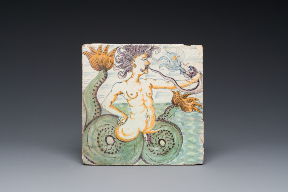 An exceptional polychrome Dutch Delft 'Triton' tile, Rotterdam, early 17th C.