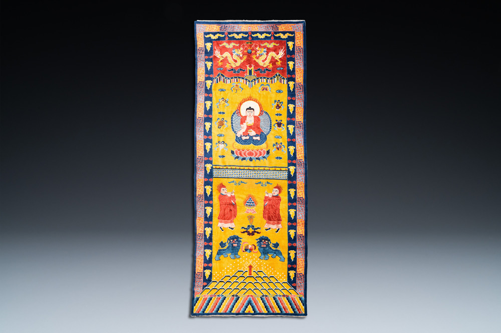 A huge Chinese 'Medicine Buddha' or 'Bhaishajyaguru' yellow-ground rug, probably Ningxia, 19/20th C.