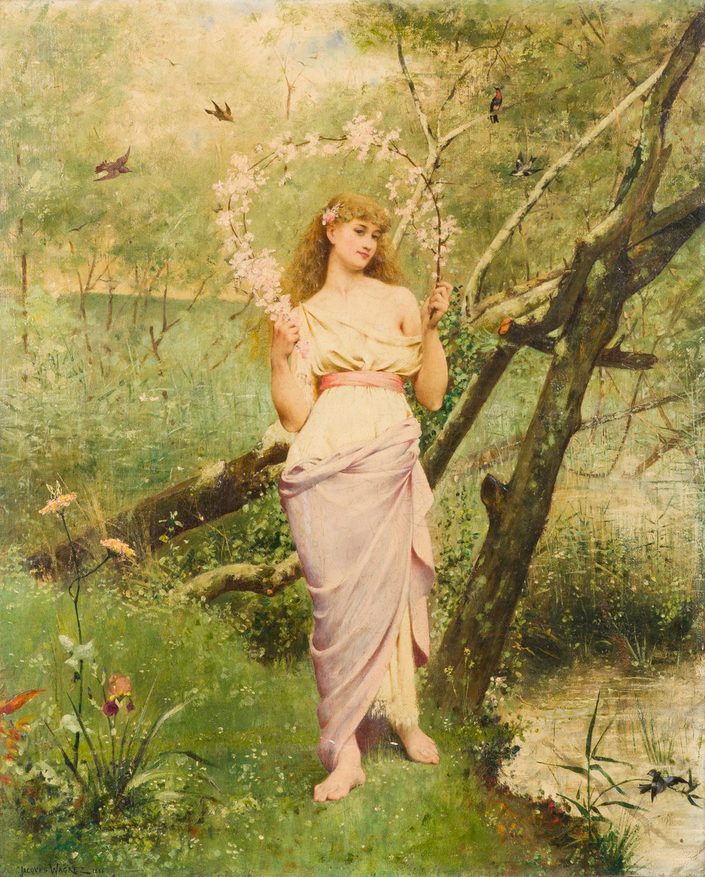 Jacques-Cl&eacute;ment Wagrez (Franse school, 1850-1908): 'Jonge vrouw met bloemenslinger', olie op doek, gedateerd 1881