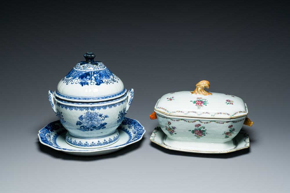 Two Chinese blue, white and famille rose tureens and covers on stands, Qianlong