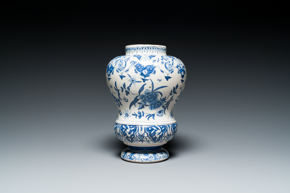 A blue and white faience vase with floral design in the style of Delft, probably Berlin, Germany, 18th C.