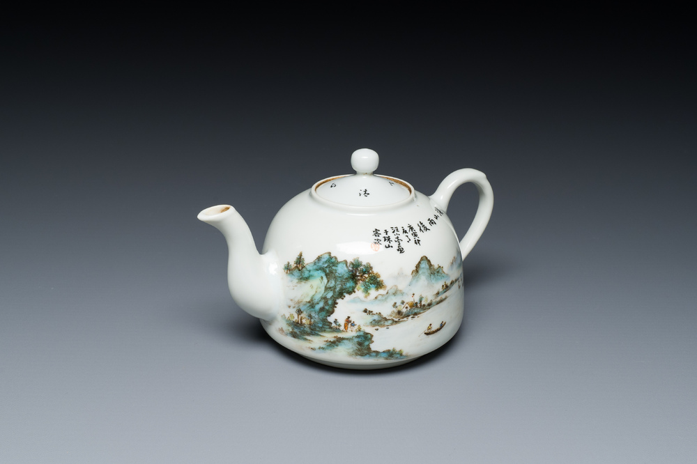 A Chinese qianjiang cai teapot and cover, signed Wang Xiaoting 汪小亭, dated 1950