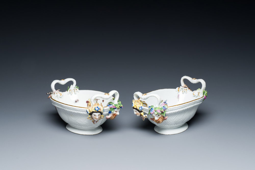 A pair of oval polychrome Meissen porcelain 'four seasons' baskets with insects, Germany, ca. 1745