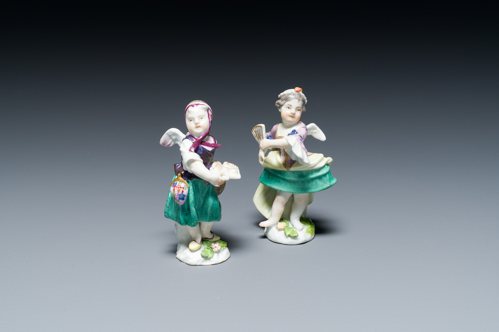 Two putti disguised as a dancer and a courtesan in polychrome Meissen porcelain, Germany, 18th C.