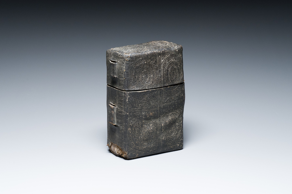 A leather book box with incised floral design, France or Italy, 15th C.