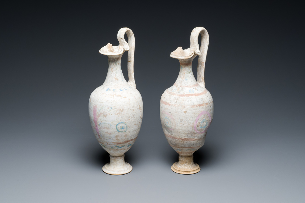 A pair of polychrome Greek pottery 'oinochoe' ewers, Canosa, Apulia, Italy, ca. 3rd C. b.C.