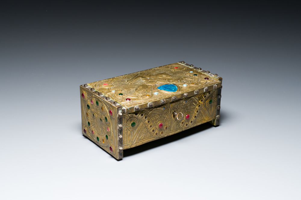 Alfred Daguet (Paris, 1875-1942): A Gothic revival repouss&eacute; brass and copper-mounted metal box with glass cabochons, dated 1907