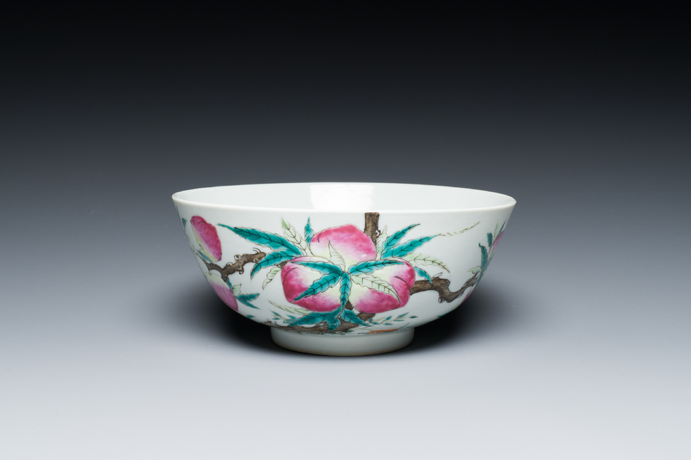 A Chinese famille rose 'nine peaches' bowl, Kangxi mark, 19/20th C.
