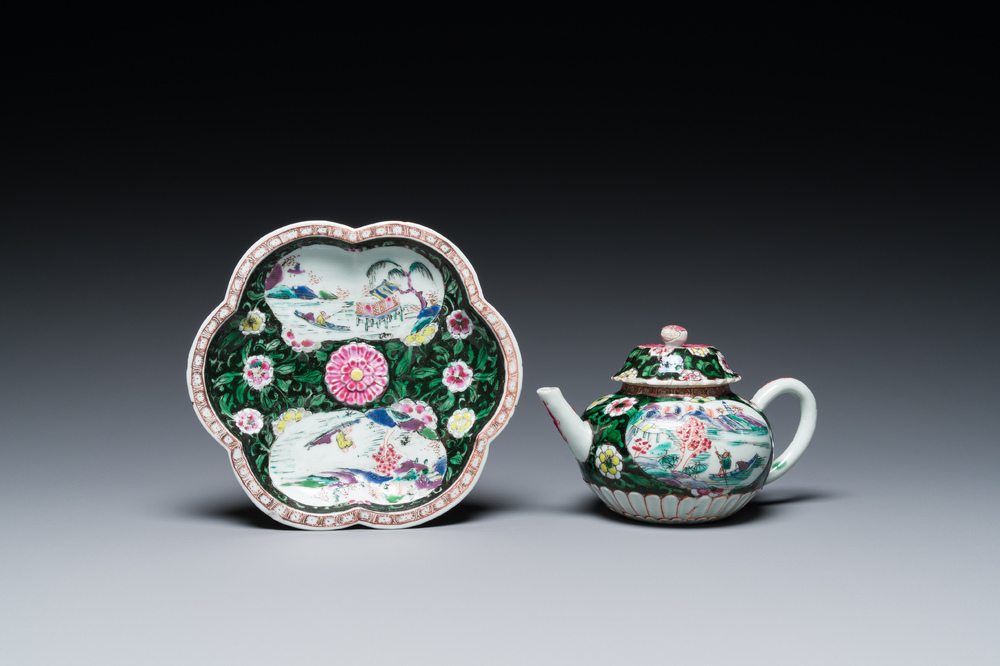 A Chinese famille rose teapot and cover on stand, Yongzheng