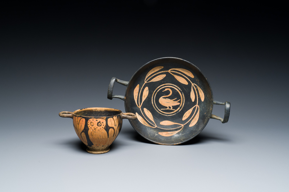 A Greek kylix with a swan and a skyphos with an owl, Apulia, Italy, ca. 4th C. b.C