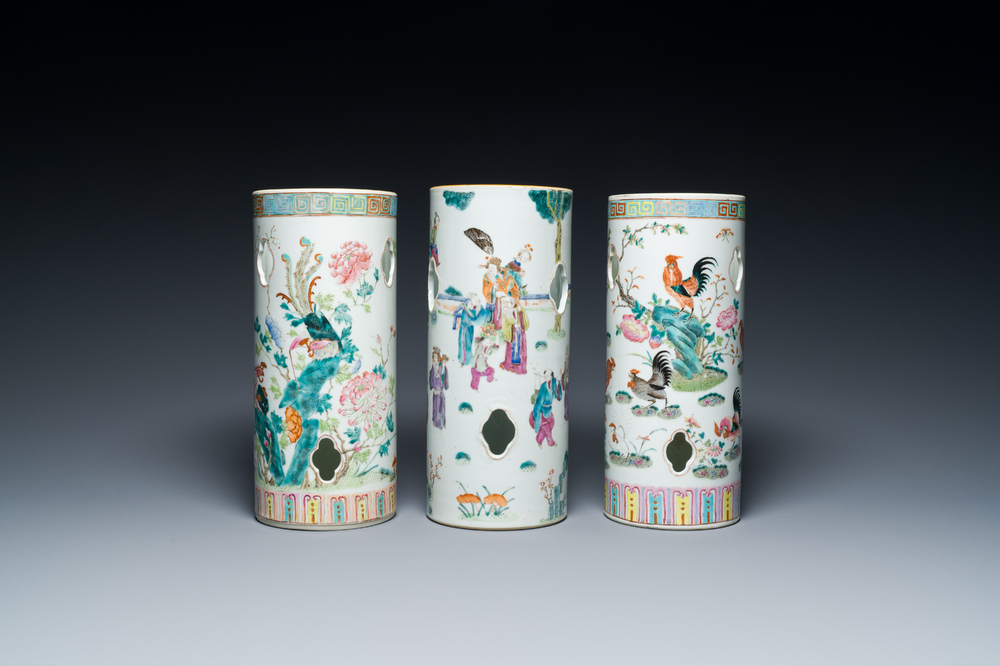 Three Chinese reticulated famille rose hat stands, 19th C