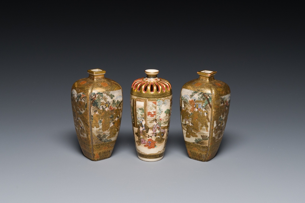 Drie Japanse Satsuma vazen, Meiji, 19e eeuw