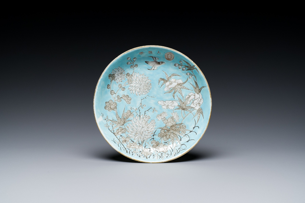 A Chinese turquoise-ground grisaille-decorated Dayazhai plate, Yong Qing Chang Chun 永慶長春 mark, Guangxu