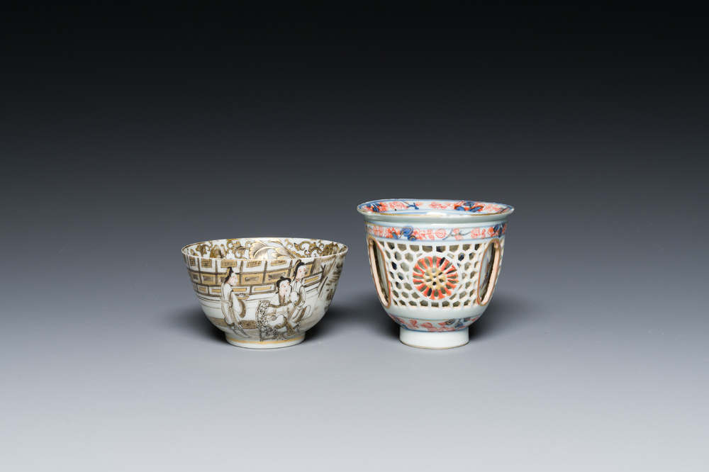 A Chinese Imari-style double-walled reticulated cup and a grisaille and gilt cup, Kangxi/Qianlong
