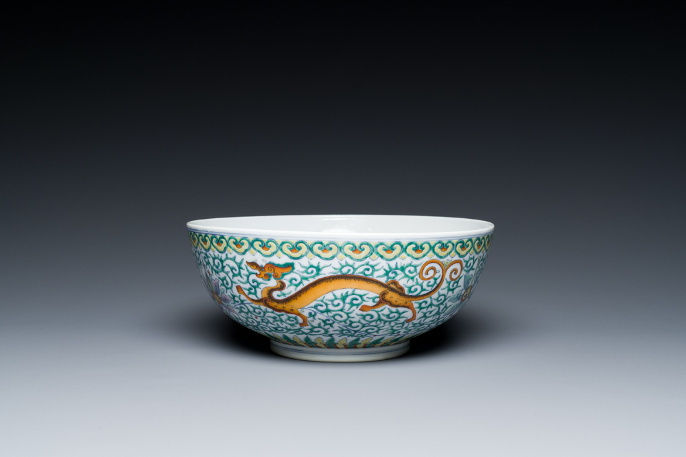 A Chinese doucai 'dragons' bowl, Jiaqing mark, 19th C.