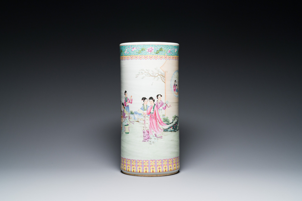 A Chinese cylindrical famillle rose vase, Republic