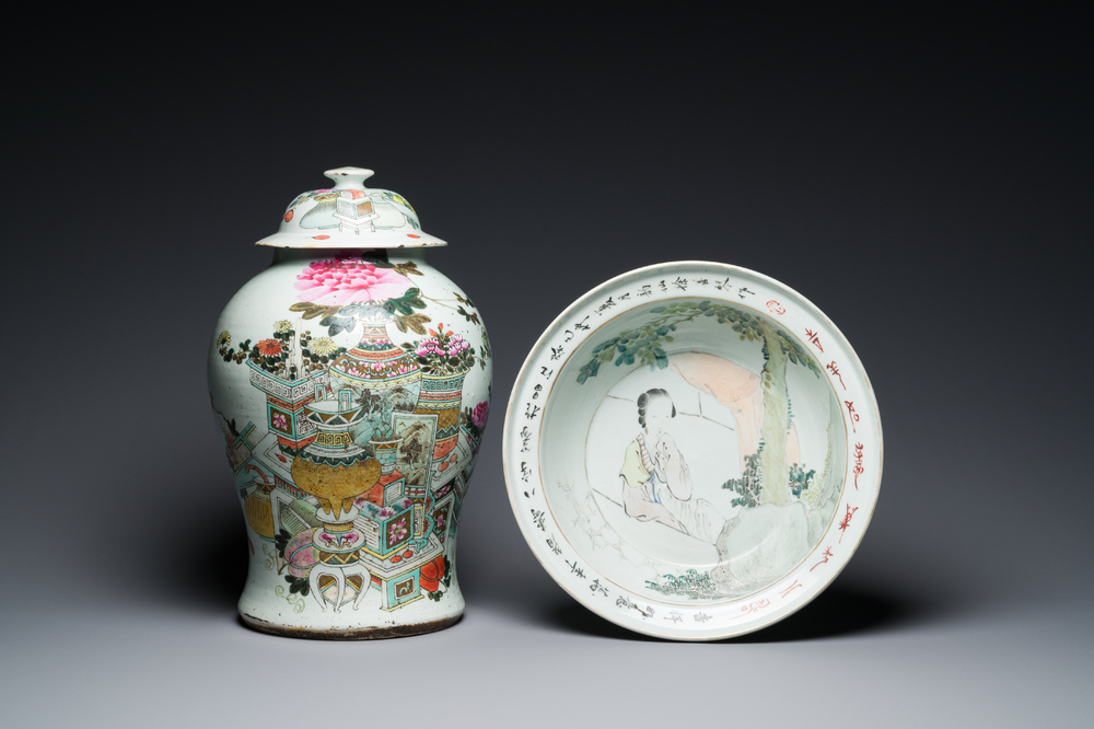 Een Chinese qianjiang cai dekselvaas en een kom, 19/20e eeuw