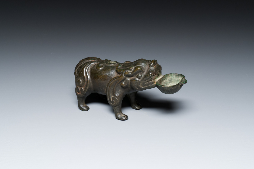 A Chinese inscribed bronze &lsquo;bixie&rsquo; water dropper, Ming
