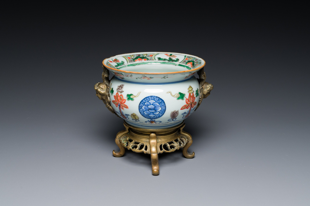 A Chinese gilt bronze-mounted famille verte cuspidor, 'zhadou', Kangxi