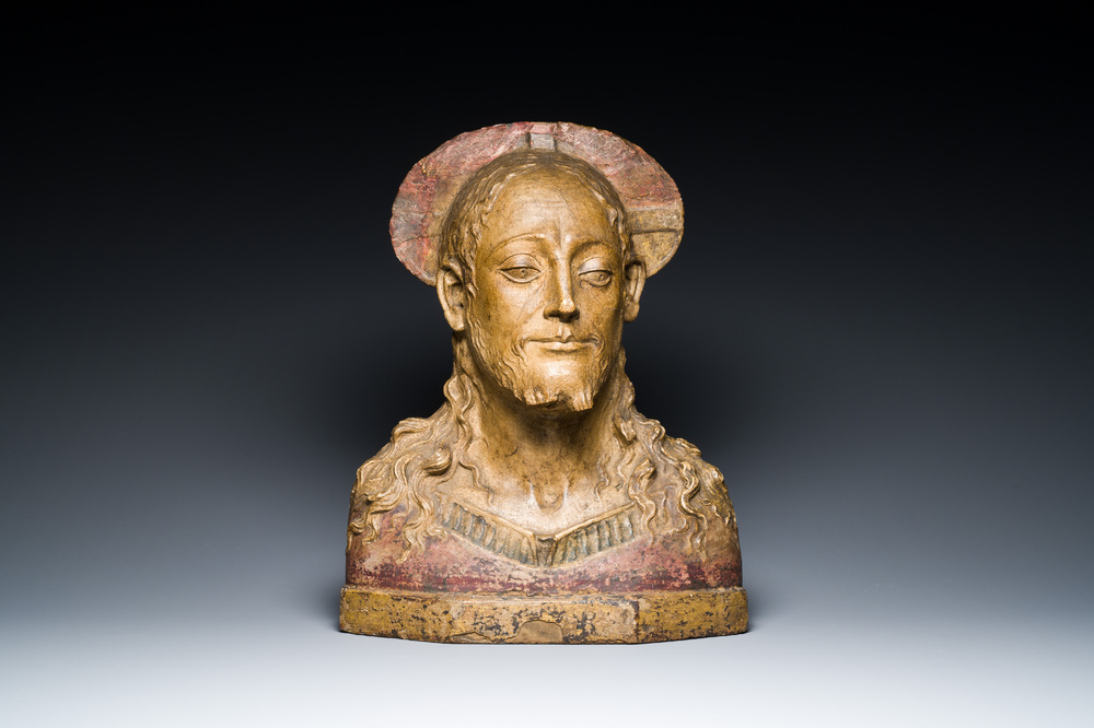 Mino da Fiesole (1429-1484, atelier van): Een gepolychromeerde stuc buste van Christus voor de 'Dossale con Madonna' in de Duomo te Fiesole, ca. 1464