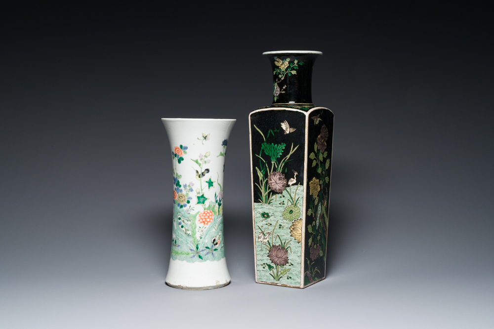 A square Chinese famille noire vase and a famille verte 'gu' vase, Kangxi mark, 19th C.