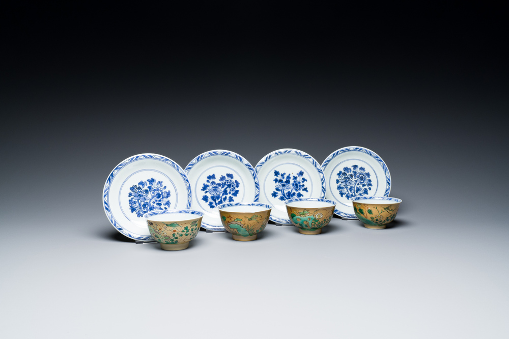 Vier Chinese famille verte koppen en schotels, Kangxi
