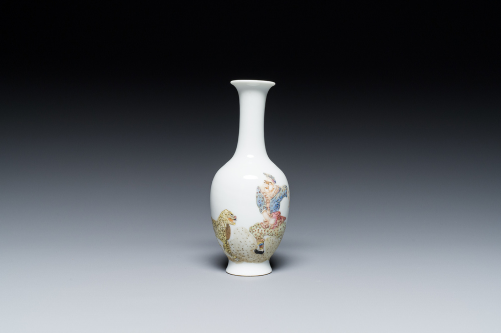 A Chinese famille rose vase with a man next to a leopard, Qianlong mark, Republic