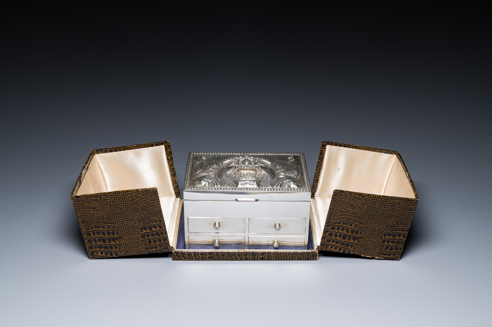 A Thai silver jewelry case in its original box inscribed 'School for Arts &amp; Crafts, Bangkok, Siam', early 20th C.