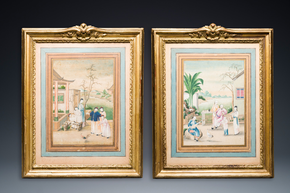 Canton school, China: 'Musicians in a garden' and 'Feeding the pheasant', ink and colours on paper, 1st half 19th C.