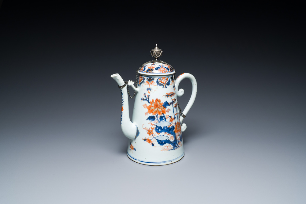 A Chinese silver-mounted Imari-style 'lighthouse' coffee pot and cover, Qianlong