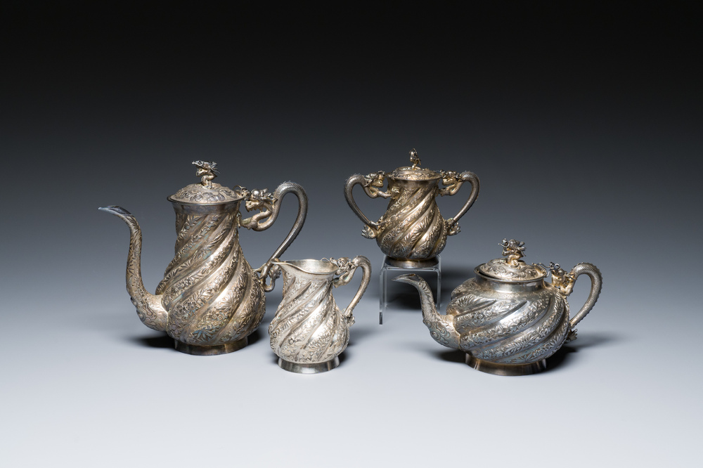A Chinese four-piece silver tea set, Jiu Jiang Qing He Huan 九江 慶和 煥 mark, 19th C.
