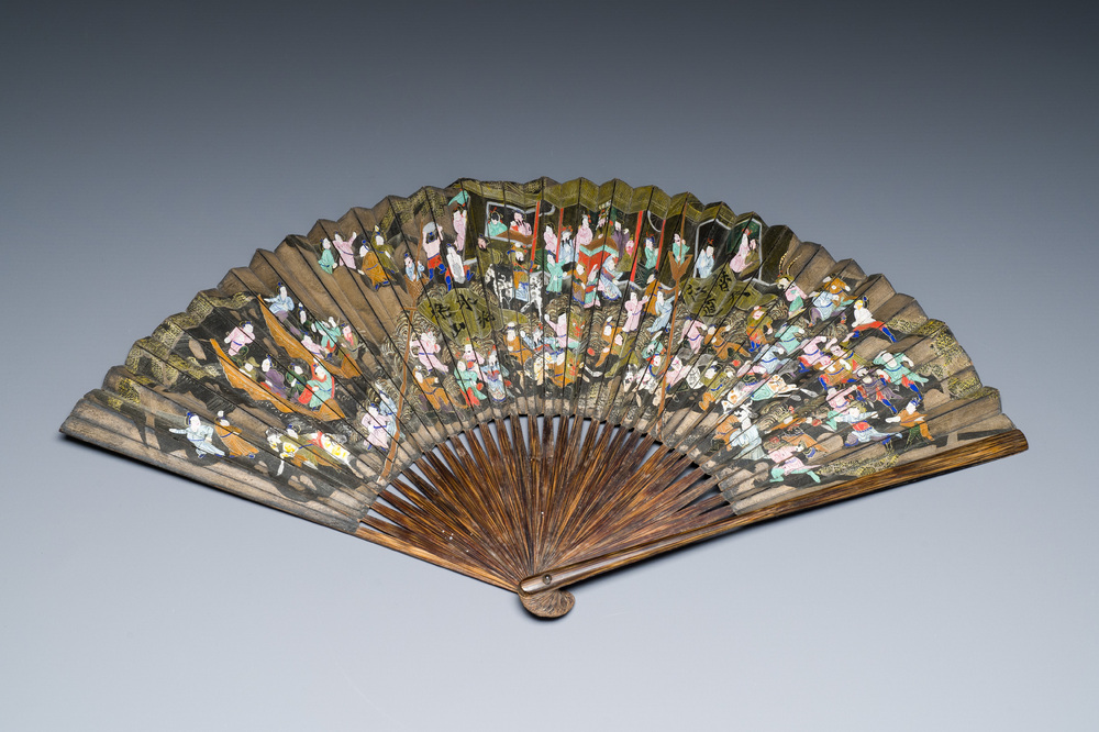 A large Chinese bamboo fan with a 'Water Margin' scene in ink and colours on black paper, Canton, 19th C.